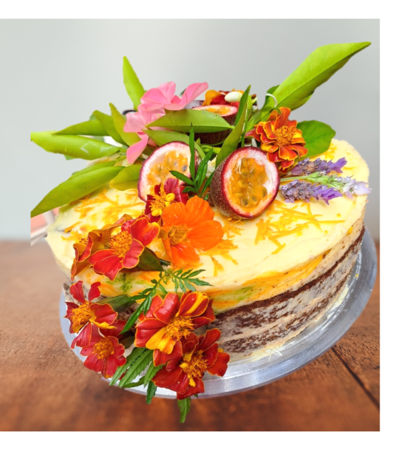 Carrot Cake with garden fruits and flowers